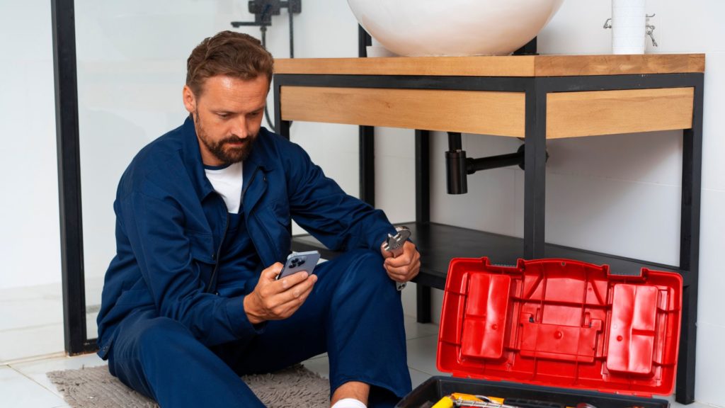 Plombier professionnel réparant une canalisation qui fuit dans un appartement parisien